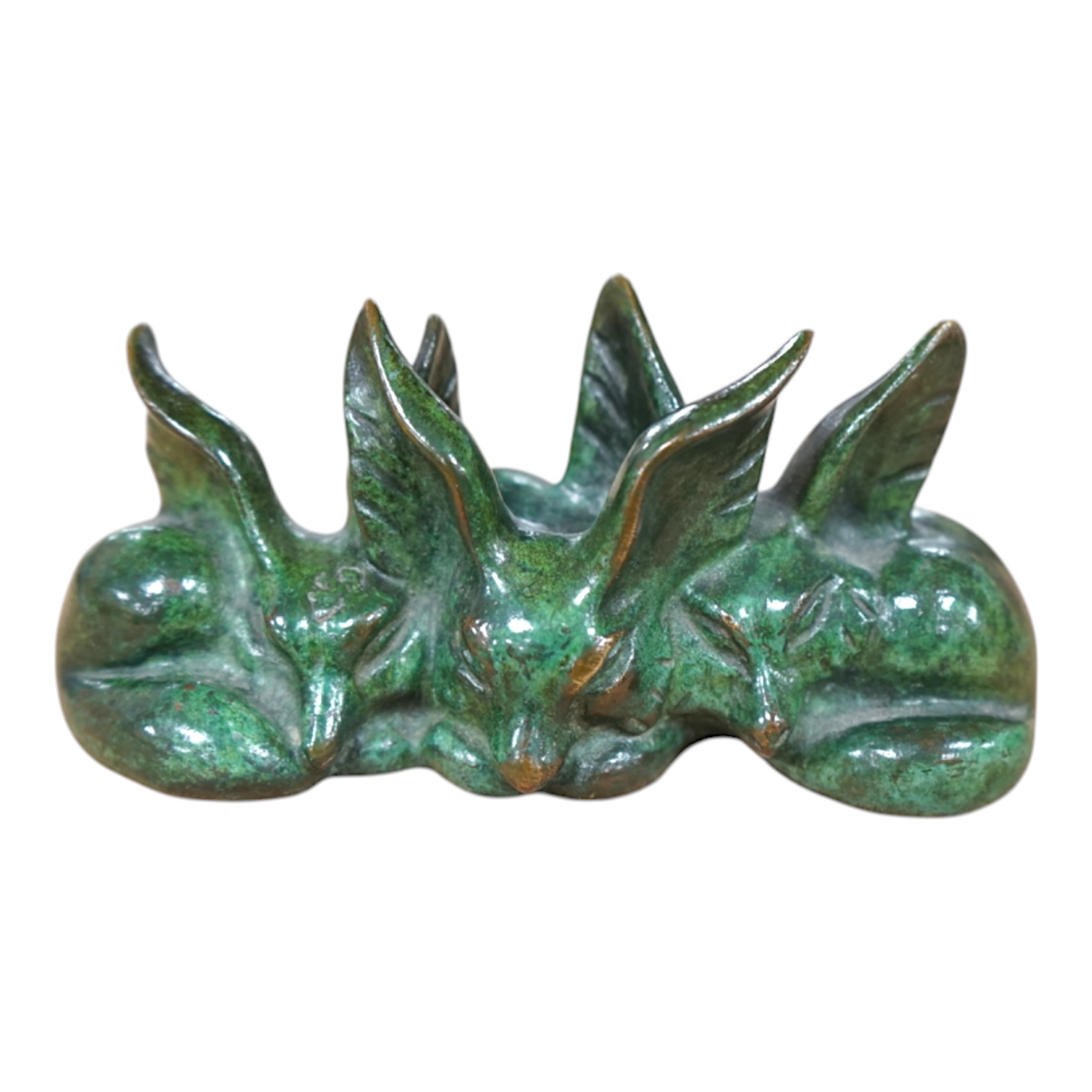 Raoh Schorr (1901-1991) A green patinated bronze group of three seated foxes signed Schorr, 11.5cm wide. Condition - good